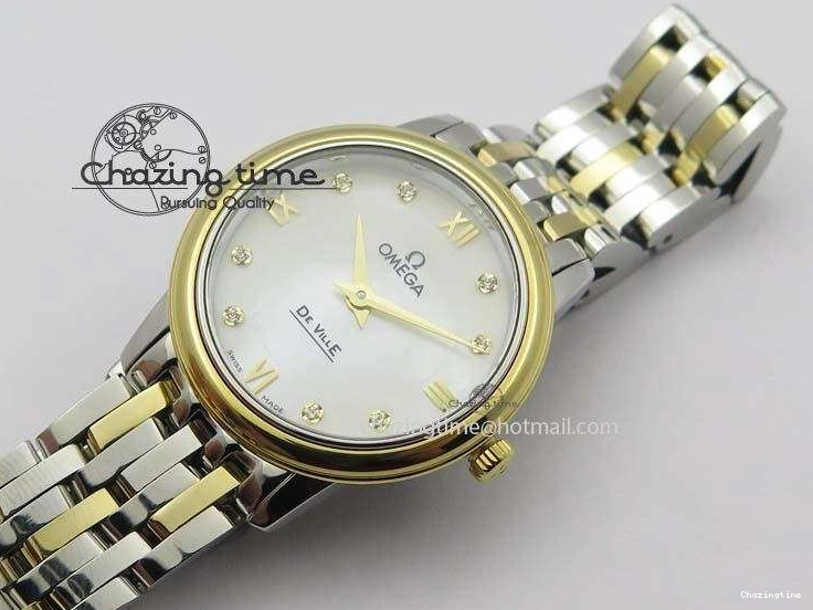 0315 OnTrend De Ville 27mm SS YG Ladies MK 1:1 Best Edition White MOP Dial Diamond Markers On SS Bracelet Ronda Quartz 8187